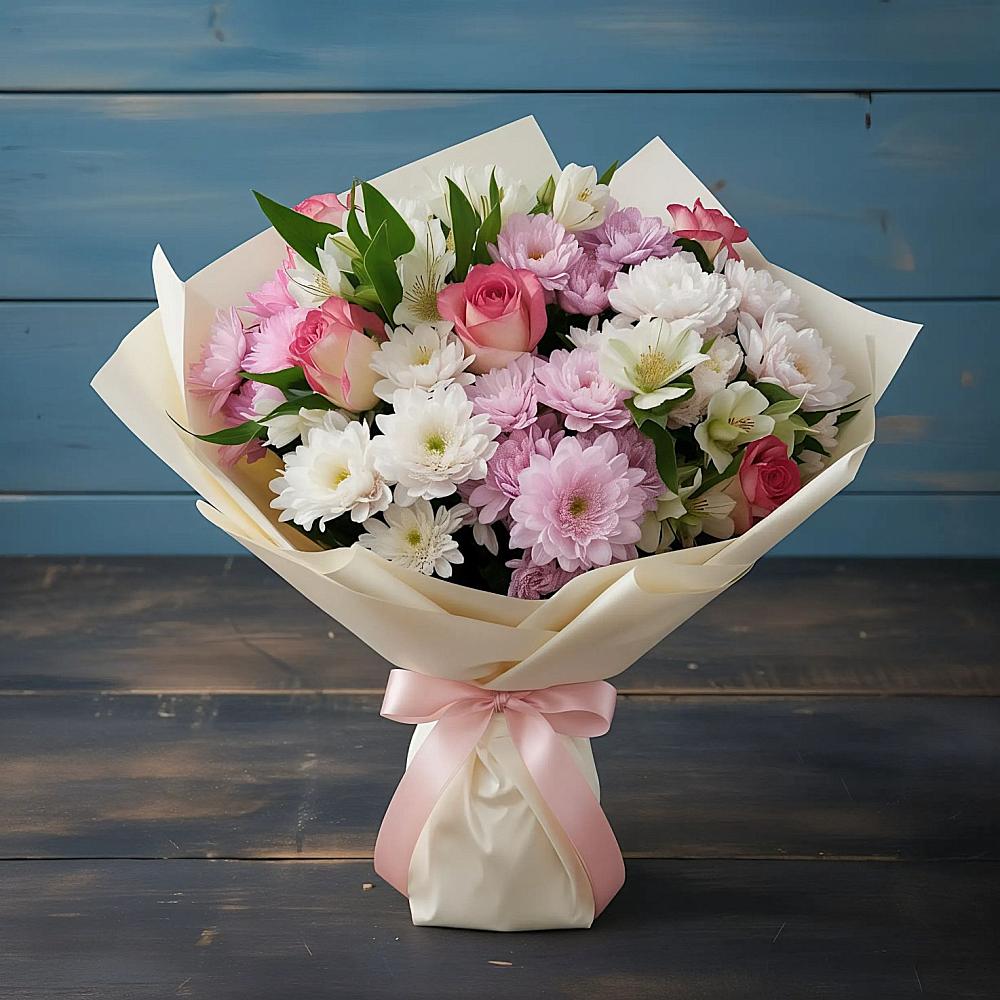 Букет цветов из: Хризантемы, Альстромерии и Розы в Терволово